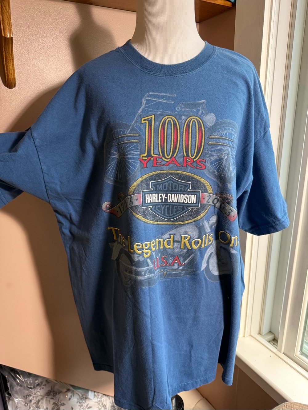 Harley-Davidson Blue 100 Years Graphic Tee with Red & Yellow Accents